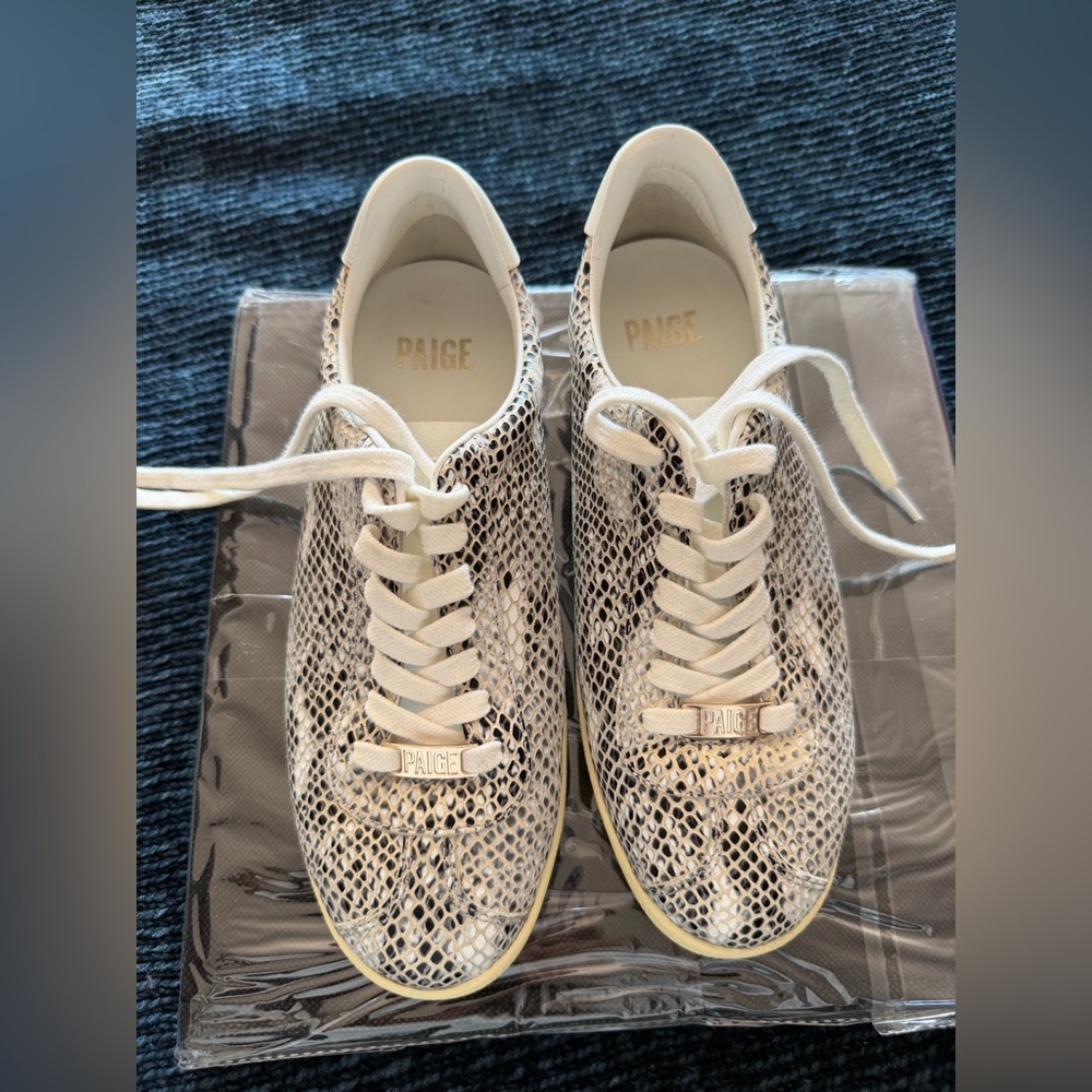 PAIGE Black and Cream Snakeskin Sneakers with Metallic Detailing
